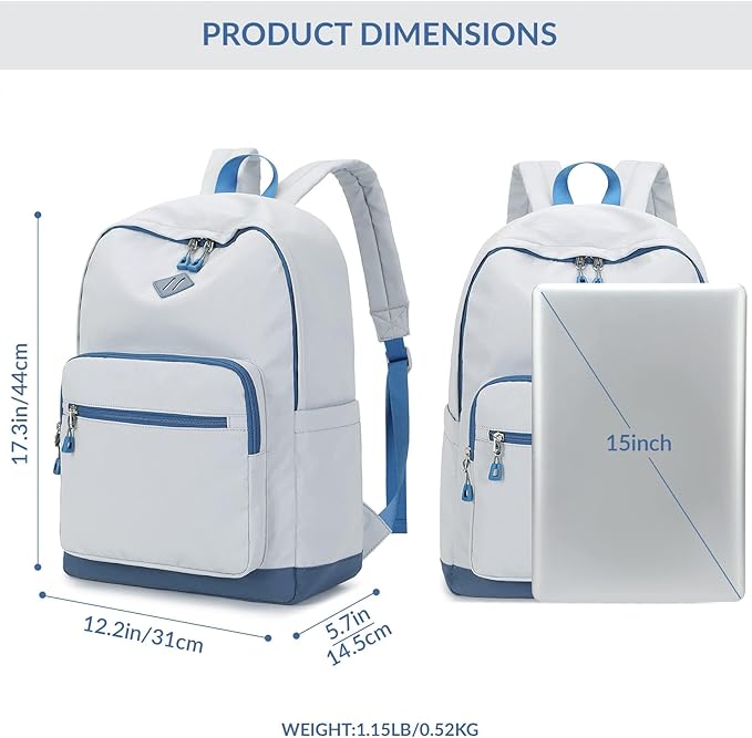 Lohol Classic Backpack for Girls Boys Teens, Lightweight Bookbag for School Travel College (Grey/Blue)