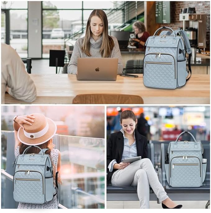 EMPSIGN 17 Inch Laptop Backpack for Women, Work Business Travel Computer College Bags, Large Capacity Water-repellent Quilted Casual Daypack with USB Port, Light Blue