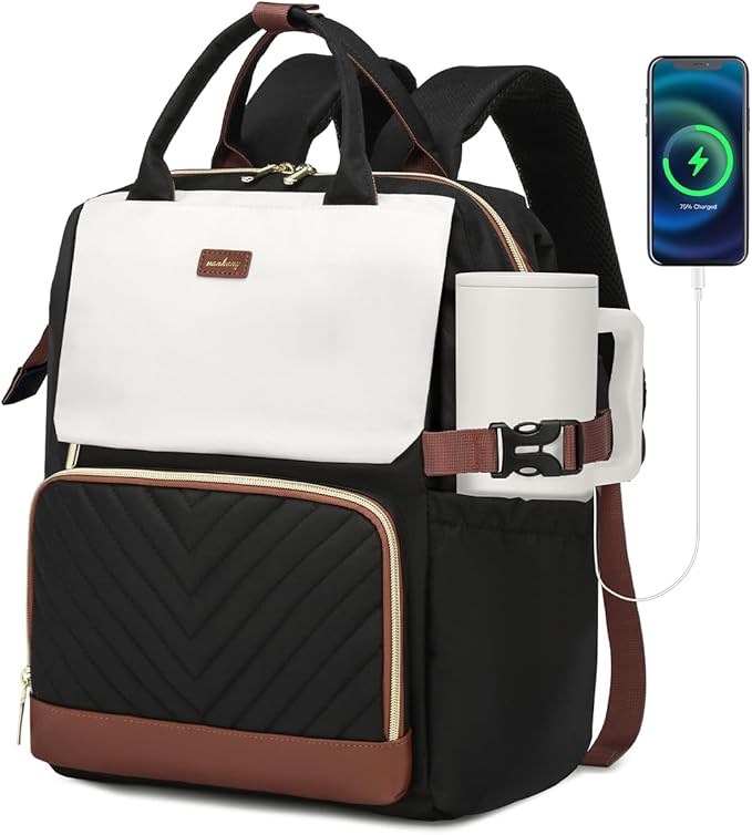 Bookbag for Women Laptop Backpack 17.3in, Teacher Nurse Work Bags with Cup Holder & USB Charger for Travel Business, College Back Pack for Teens, BlackWhiteBrown