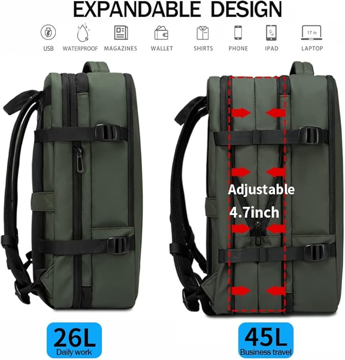 BANGE Carry-on Backpack, 45L Expandable Travel Backpacks,Weekend Backpack Briefcase,Waterproof Laptop Backpack Fits For 17.3” Laptop