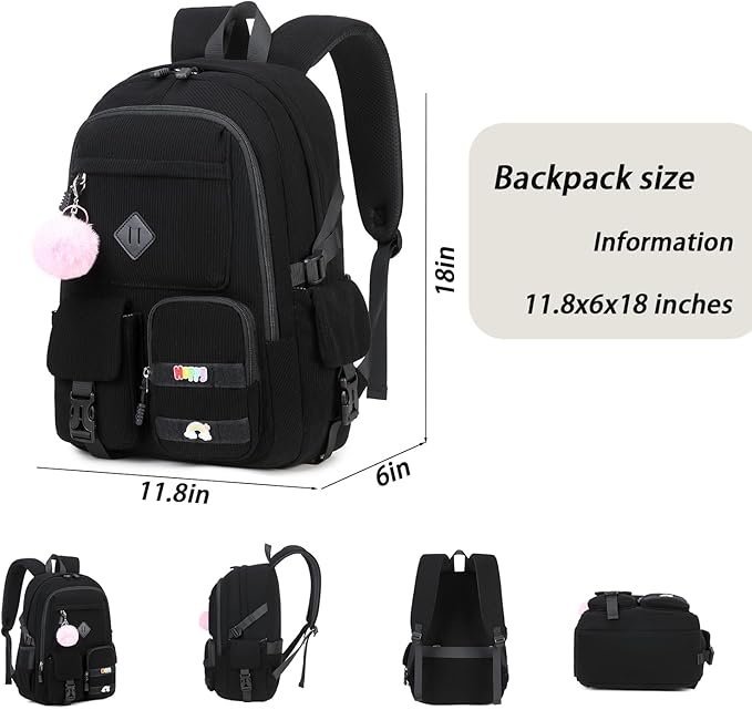 Girls Laptop Backpack Corduroy Bookbag For Teen Big Studen School Bag Durable Travel Daypack (1black)