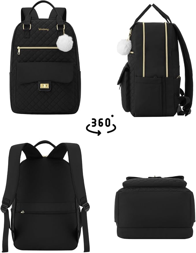 School Backpacks for Teen Girls, High School College Bookbag Cute Laptop Backpack with Charging Hole for Women Travel Work, Black
