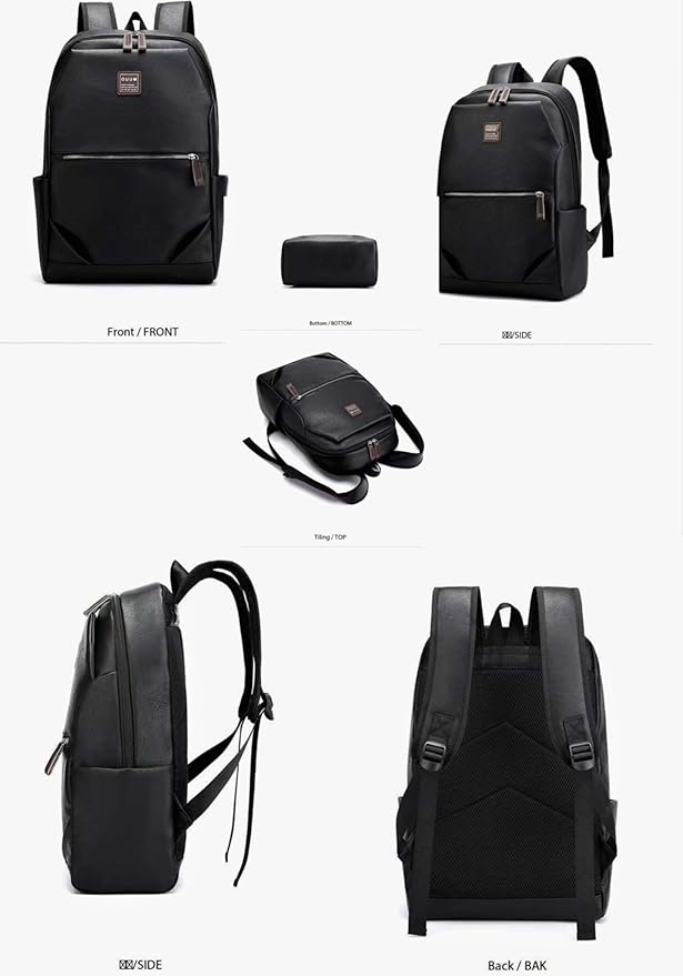 Business Men and Women PU Leather Backpack 15.6inch Laptop Waterproof Backpack Travel Commuter Lightweight schoolbag (Black backpack7,Large)