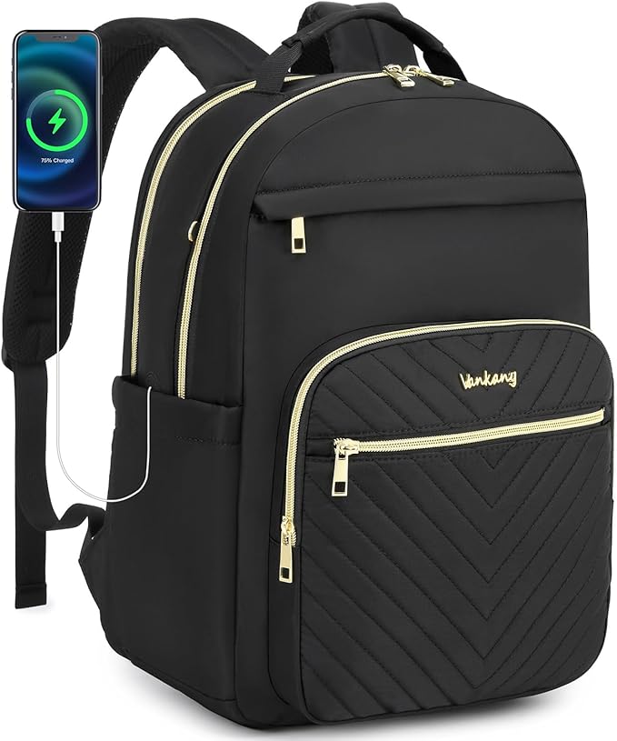 Laptop Backpack Women, Aesthetic Highschool Backpack for Girls Cute Black Backpack for College Students Nursing Commuter Work Travel