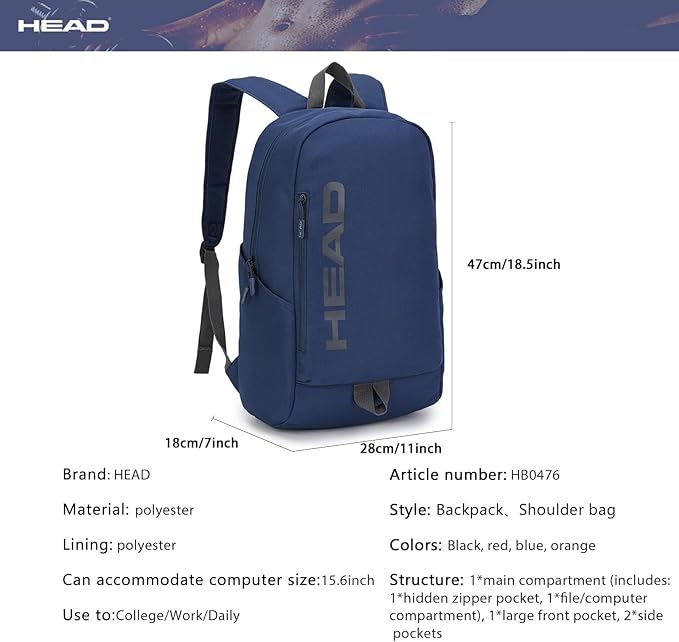 HEAD Waterproof Gym Backpack for Women/Men, Compact Laptop Backpack for College/Sport/Fitness/Work/Daily, (Navy Blue)