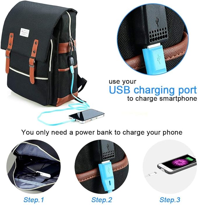 Modoker Eco-Friendly Vintage Laptop Backpack for Women Men,Travel Backpacks with USB Charging Port Fashion Backpack Fits 15.6Inch Notebook, Black