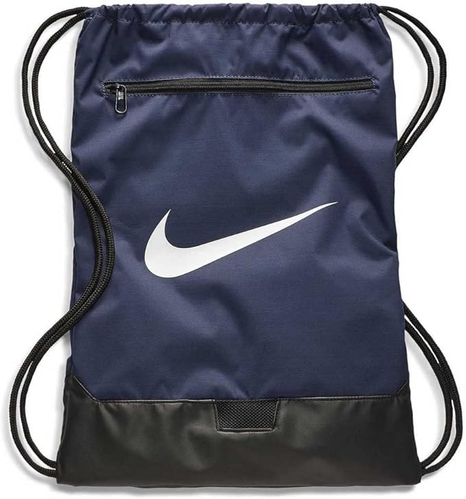 Nike Brasilia Training Gymsack, Drawstring Backpack with Zipper Pocket and Reinforced Bottom, Midnight Navy/Black/White