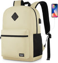 YAMTION School Backpack,Unisex Classic Bookbag Teens Schoolbag with USB Port for High School College Office Work Travel, 15.6 inch, Beige