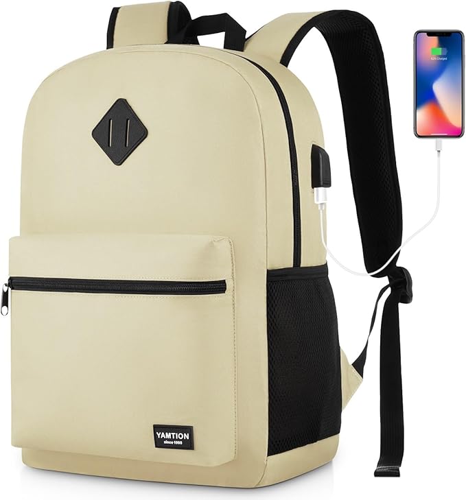 YAMTION School Backpack,Unisex Classic Bookbag Teens Schoolbag with USB Port for High School College Office Work Travel, 15.6 inch, Beige
