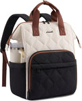 LOVEVOOK Laptop Backpack for Women, 17.3 inch Work Travel Backpack Purse, Puffer Quilted Laptop Backpack Casual Daypack for Nurse Teacher，Black-White-Brown
