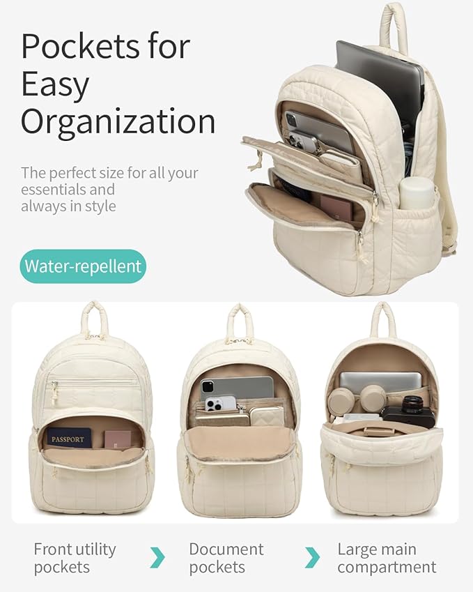 Cute School Backpacks for Teen Girls, 15.6in Laptop Backpack for College Women Bookbag Quilted Computer Bag for Work Casual, Beige