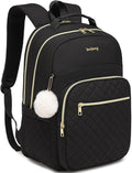17.3in Laptop Backpack with Charging Hole for Women Girls, Water Resistant Quilted Book Bag for Travel Work Teacher School Students, Black