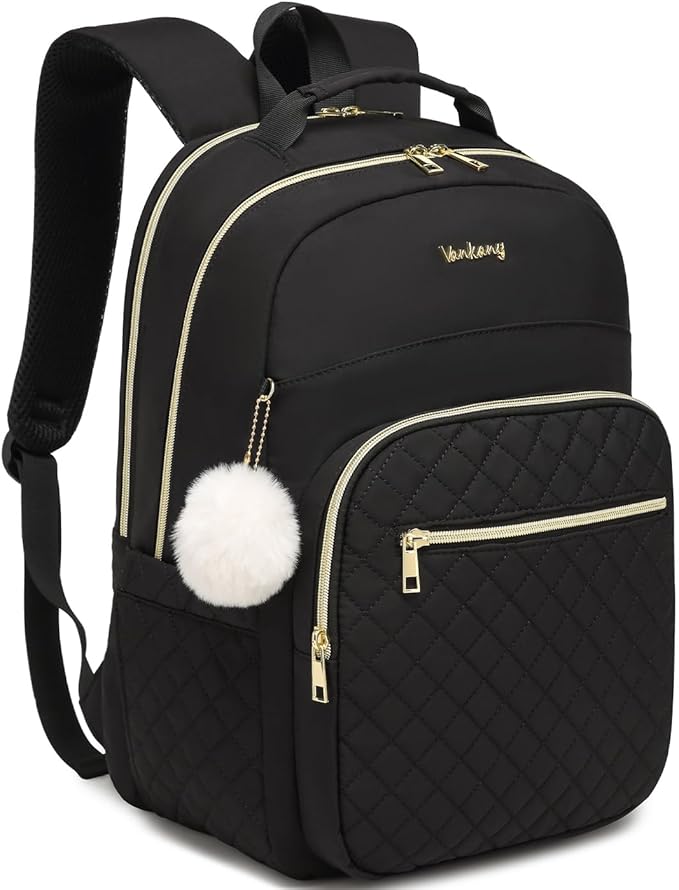 17.3in Laptop Backpack with Charging Hole for Women Girls, Water Resistant Quilted Book Bag for Travel Work Teacher School Students, Black