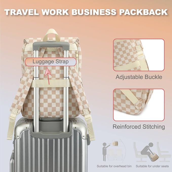 Women Laptop Backpack, Corduroy 15.6" Travel Backpack for Work College Business, Teacher Nurse Bag with Large Capacity School Bookbag Bags for Girls - Checkered Brown