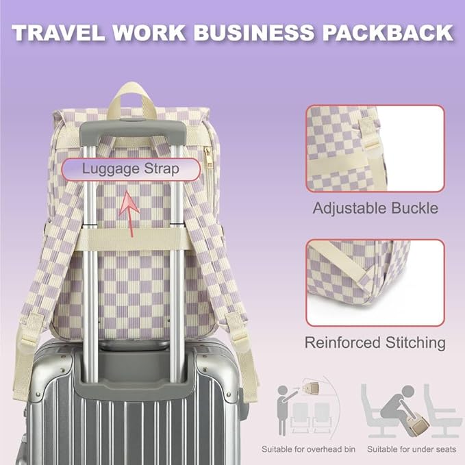 Women Laptop Backpack, Corduroy 15.6" Travel Backpack for Work College Business, Teacher Nurse Bag with Large Capacity School Bookbag Bags for Girls - Checkered Purple