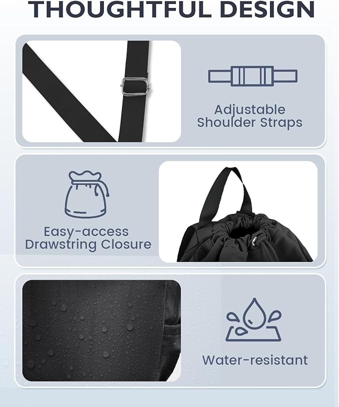 Drawstring Backpack Sports Gym Bag with Shoe Compartment and Wet Pocket String Swim Bag for Women Men Beach Backpack, Black