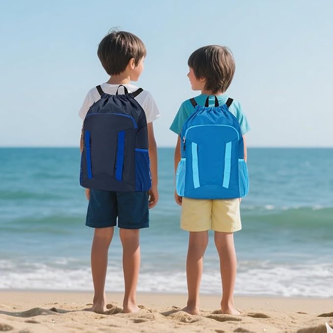 Drawstring Backpack for Kids Sports Gym Bag with Shoes Compartment, Water Resistant Beach Swim Bag String Backpack for Boys and Girls, Dark Blue