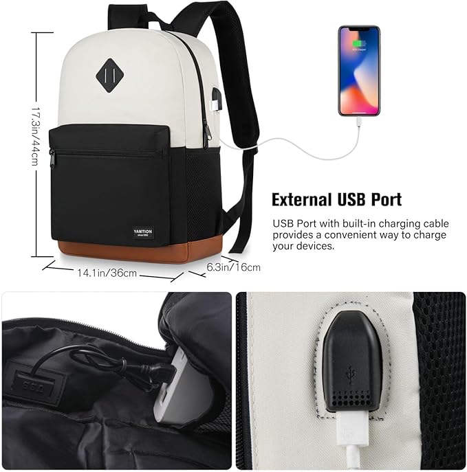 YAMTION School Backpack,Bookbag Teen Boys and Girls Black Beige