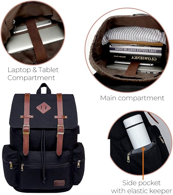 Modoker Eco-Friendly Mens Canvas Vintage Backpack for Men,Women, Travel Laptop Backpack Fits 17/15.6 Inch Computer & Tablet, Large Bookbag Rucksack Backpack with USB Charging Port, Black