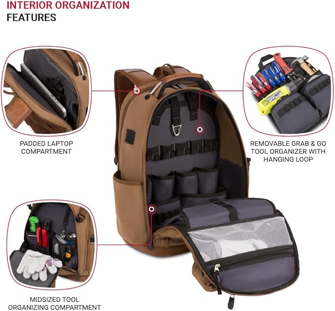 SwissGear Tool Bag Backpack, Fits Up to 17-Inch Laptop, Work Pack PRO, Brown Canvas