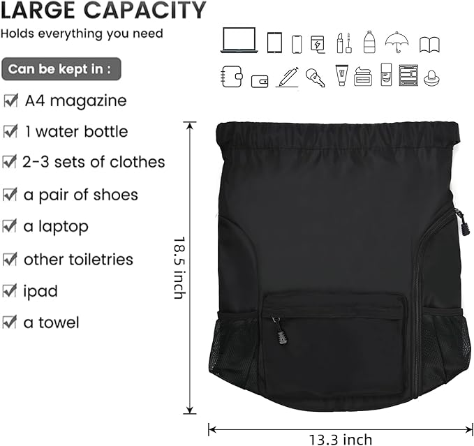 Valleycomfy Waterproof Drawstring Gym Backpack Bag for Men & Women,Sports Gym Bag with Side Pocket Black