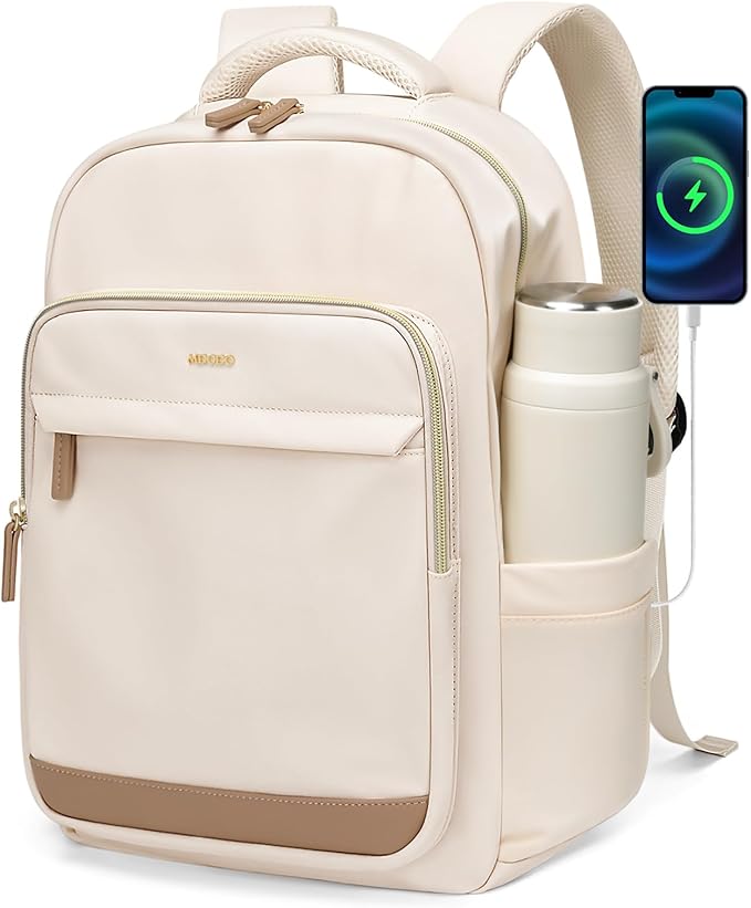 Laptop Backpack for Women,Travel Backpack with Laptop Compartment,Casual Daypack College Bookbag Computer Work Backpack,Beige