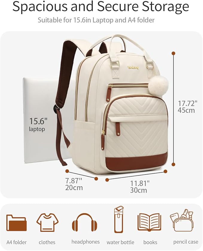 Womens Everyday Laptop Backpack, Aesthetic School Backpack for Teen Girls College Student, Cute Bookbag Purse for Work Travel, Beige Brown