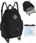 WANDF Drawstring Backpack with Removable Wet Pocket, Sandproof Beach Backpack with Bottom Compression Strap for Beach Mat, Swim Bag for Pool, Gym, Travel and Workout Gear (Black)