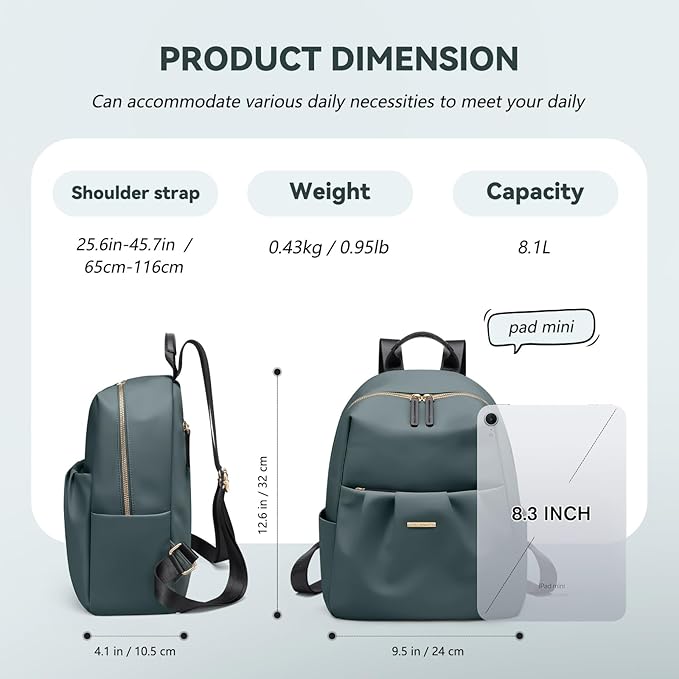 Small Backpack for Women, Cute Backpack Casual Work Daypack Purse for College Travel, fit 9.7 Inch, Dark Green