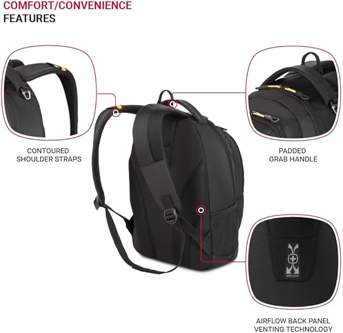 SwissGear 1186 Special Edition 13” Laptop Backpack Black/Gold – Compact Tech Bag with Reflective Accents – Multiple Organizer Pockets with Bungee Cords & D-ring Attachment Point