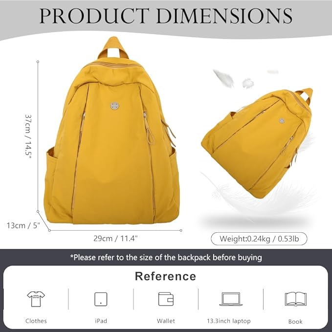 maytopia Nylon Backpack for Women Men, Waterproof Travel Backpack Purse Casual Daypack, Gym School Backpack for Daily Cycling (Yellow)