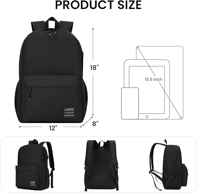 10 PCS Black Backpack for School Teens Boys Girls, Lightweight Casual Backpacks for Men and Women, Classic Basic Water Resistant Casual Daypack, 15.6 Inch Laptop Bookbag for College High School Work