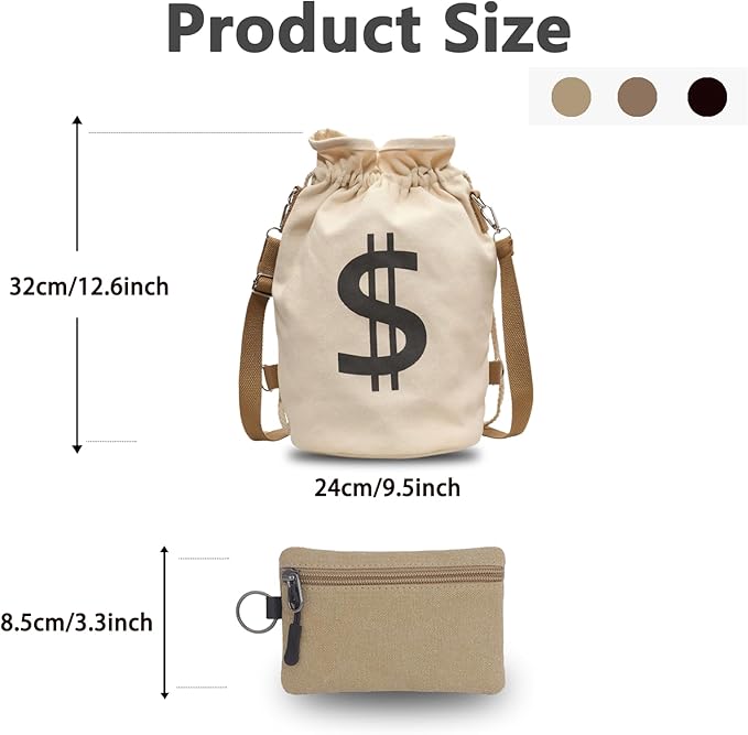 Canvas Drawstring Backpack with Coin pouch, Large Money Dollar Sign Bucket Rucksack, Lightweight Sport Bags (Off White)