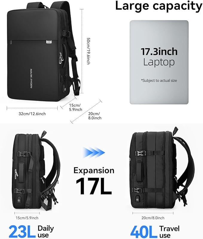 MARK RYDEN Travel Backpack for Men, 40L Airline Approved Carry on Backpack with USB Charging Port, 17.3 Inch Waterproof Business Laptop Backpack (12.6 x 8.0 x 19.6 Inch)
