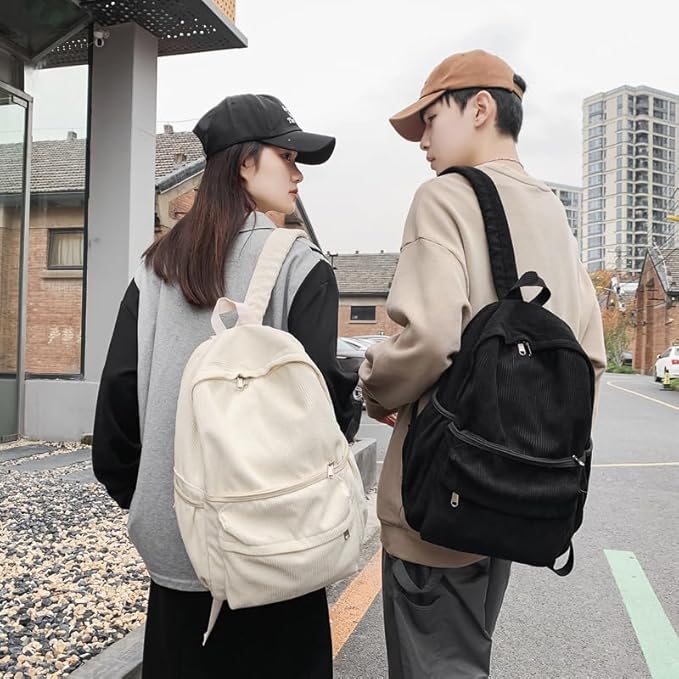 Aesthetic Backpack Cute Backpack Corduroy Backpack School Supplies Laptop Bag for Teens Girls Women Students Solid Color(Black)