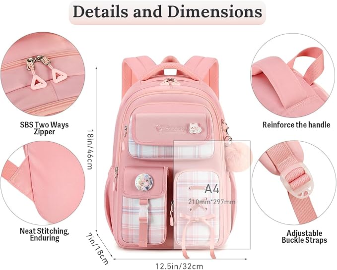 Cusangel Girls Backpack for School, 8Ages+ Student Laptop Backpack,18 inch Cute Daily BookBag, Large Capacity Waterproof Daypack