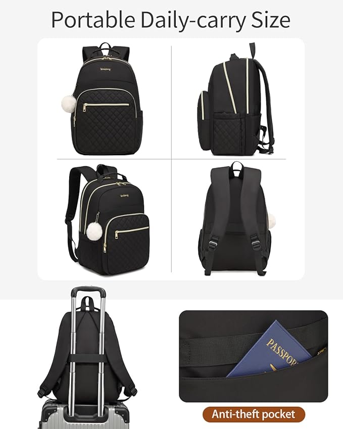 Laptop Backpack Women School Backpack for High School Teen Girls, Water Resistant College Bookbag with Charging Hole for Travel Work, Black
