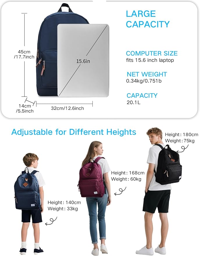 RAVUO School Backpack for Men | Classic Bookbag for 15.6inch Laptop, Water Resistant College Daypack Schoolbag for Travel Work, Blue