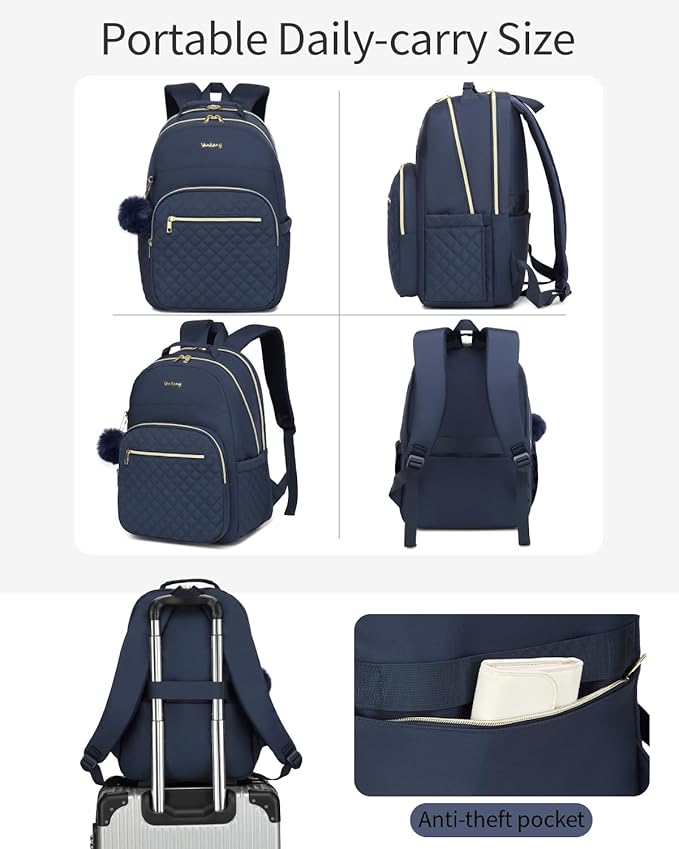 Laptop Backpack Women School Backpack for High School Teen Girls, Water Resistant College Bookbag with Charging Hole for Travel Work, Navy