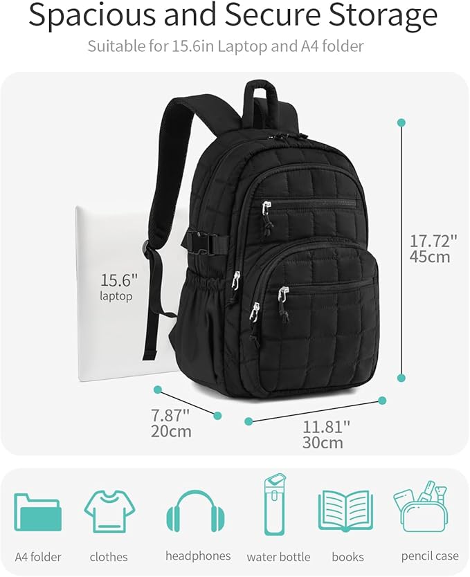 Quilted Laptop Backpack for Women, College Bookbag with Tumbler Holder Pocket for Nurse Teacher Work Travel, Puffer School Backpack for Teen Girls Big Student, Black