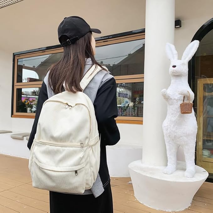 Aesthetic Backpack Cute Backpack Corduroy Backpack School Supplies Laptop Bag for Teens Girls Women Students Solid Color(White)