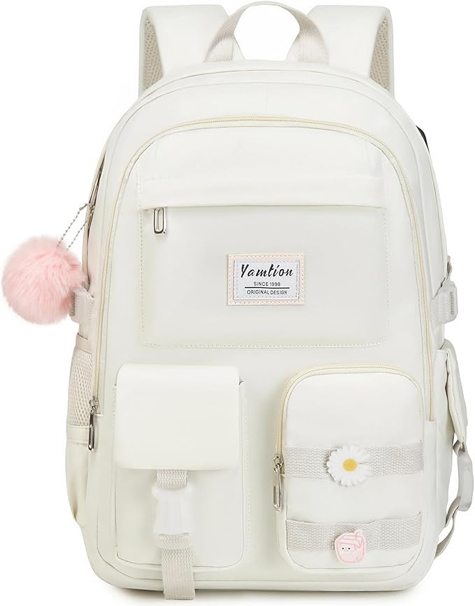 YAMTION School Backpack for Teen Girls,15.6in Laptop Backpack Kids Bookbag for Middle School College Students,Cute School Bag for Women (Beige, Fits 15.6in PC)