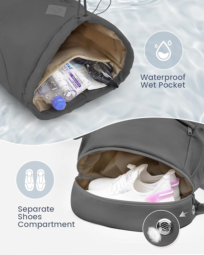 Drawstring Backpack Sports Gym Bag with Shoe Compartment and Wet Pocket String Swim Bag for Women Men Beach Backpack, Dark Gray