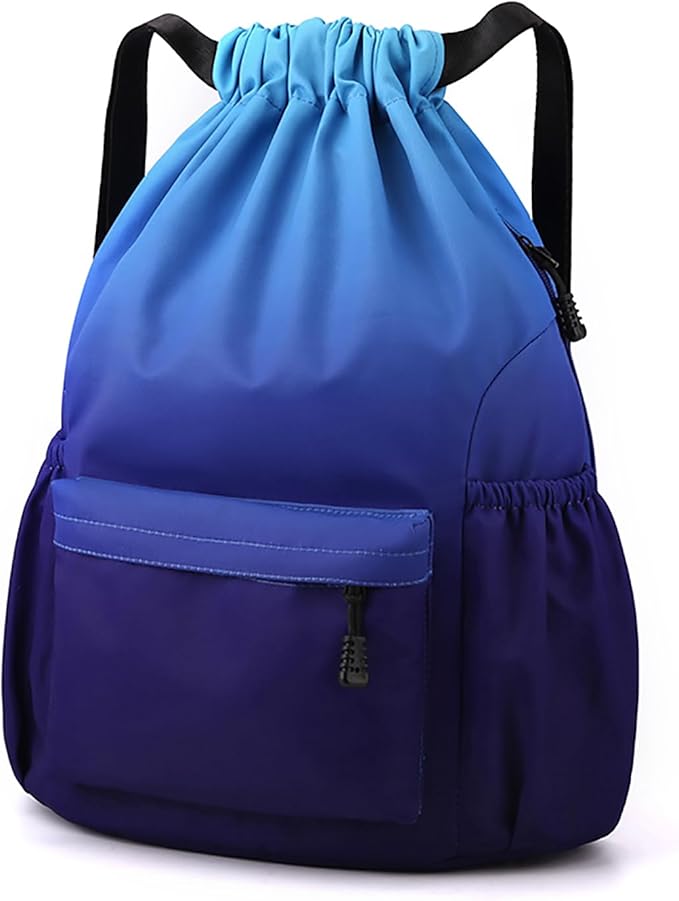 Drawstring Backpack for Women Drawstring Gym Bag Water Resistant Small Cinch Sack Pull String Backpack Bag (Blue-Blue)
