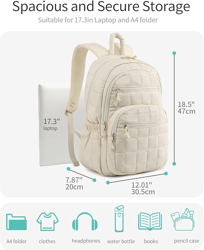 College Bookbag for Women, 17.3in Laptop Backpack Quilted Backpack Puffer for Travel Work Casual Daypack, School Backpack for Teens, Beige