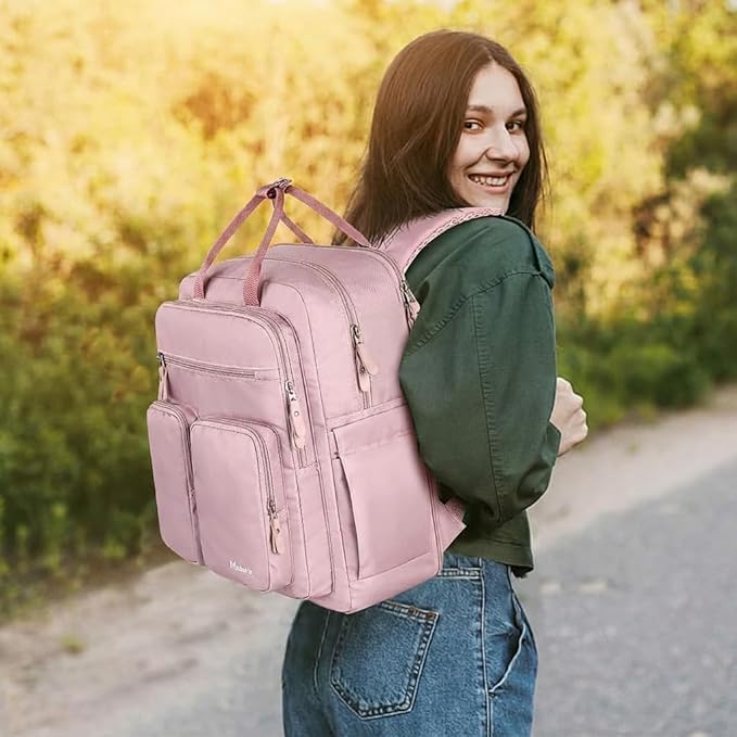 Mancro College Backpack for Women, 15.6 Inch TSA Laptop Bookbag with Mutiple Pockets, Large Capacity Book Bag for Teen Girl Students Casual Daypack Travel Backpacks, Pink
