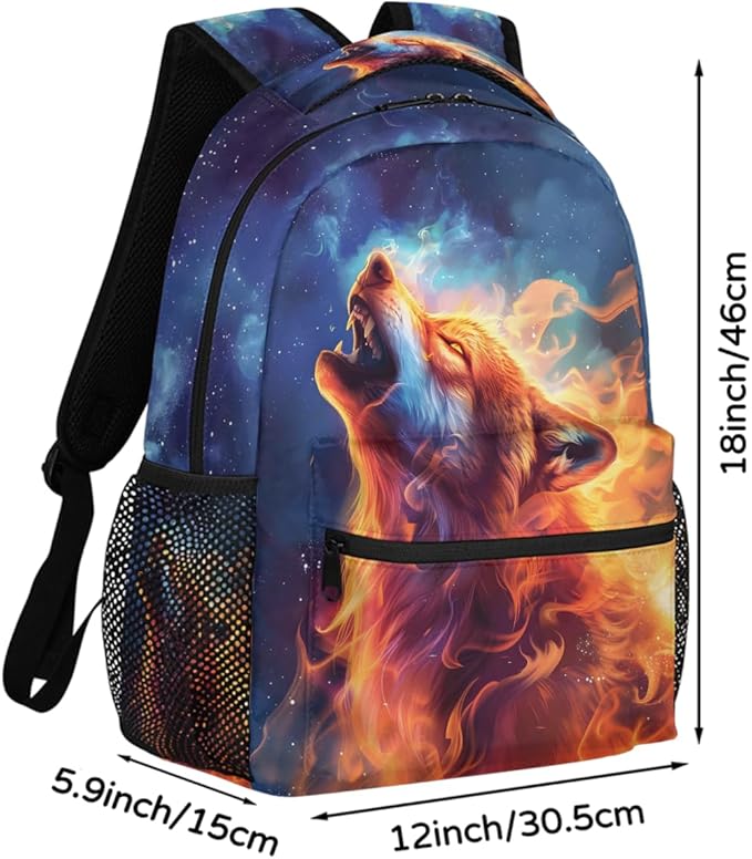 Pardick Wolf Fire Backpack for Kids Girls Boys Lightweight School College Students 18in Bookbag Large Capacity Computer Backpacks Laptop Rucksack Travel Gym Hiking Camping Daypack