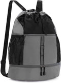 Valleycomfy Drawstring Gym Bag Sports Backpack With Shoe Compartment and Reflective Strips Grey