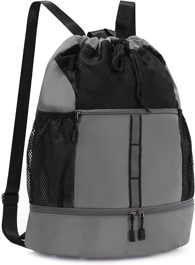 Valleycomfy Drawstring Gym Bag Sports Backpack With Shoe Compartment and Reflective Strips Grey