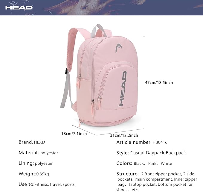 HEAD Waterproof Travel Backpack for Women, Lightweight 15.6 Inch Laptop Backpack with Shoes Compartment, Casual Daypack College Backpacks with 8 Pockets for Overnight/Sports Gym/Work/Fitness